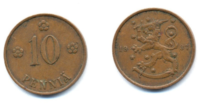 Финляндия 10 пенни 1937 KM 24 медь 51-5556