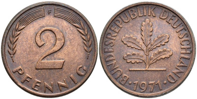 ФРГ 2 ПФЕННИГА 1971 F KM 106a, Jager 381a сталь плакированная сталь плакированная медьюю 4546-1015