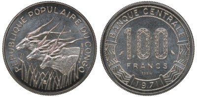 Конго 100 франков 1971 пробный выпуск, ESSAI KM E3 никель UNC 3711-212