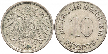ГЕРМАНИЯ 10 ПФЕННИГОВ 1915 A J. 13, KM 12 медно-никель 73-1612