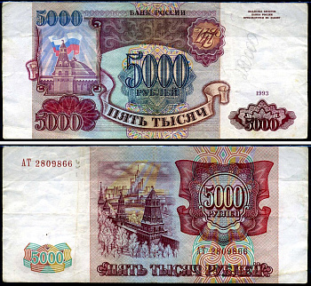 Россия 5000 рублей 1993 серия АТ Кардаков 3.2.5 бумага 2198-21-1-2