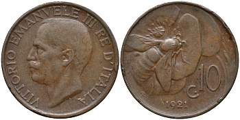 Италия 10 чентезимо 1921 R, пчела, Виктор Эммануил III (1900-1946) KM 60 бронза 4171-843