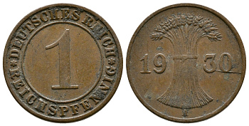 ГЕРМАНИЯ 1 РЕЙХСПФЕННИГ 1930 A KM 37, J. 313 бронза 4380-1213
