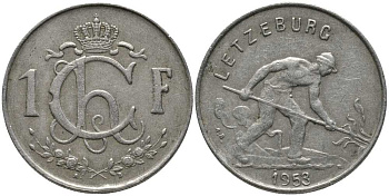 ЛЮКСЕМБУРГ 1 ФРАНК 1953 СТАЛЕВАР KM 46.2 медно-никель 113-535