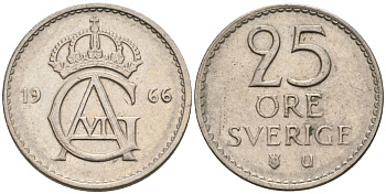 Швеция 25 эре 1966 Густав VI Адольф (1950-1973) KM 836 медно-никель 4585-456