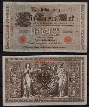 Германия 1000 марок 1910 Берлин, L; аллегорические фигуры («Мореплавание» и «Земледелие»), герб Pick 44 b бумага 7547-72-2-1