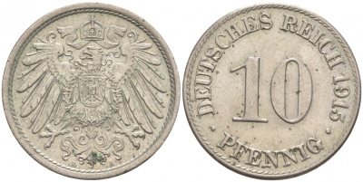 ГЕРМАНИЯ 10 ПФЕННИГОВ 1915 A J. 13, KM 12 медно-никель 73-1612