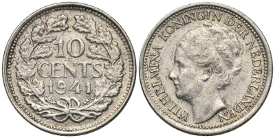Нидерланды 10 центов 1941 Вильгельмина I (1890-1948) КМ 163 серебро 4549-1048