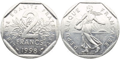Франция 2 франка 1998 сеятель, тираж 45025013 экземпляров KM 942.1 никель 1530-1343