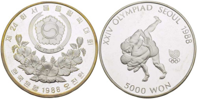 Южная Корея 5000 вон 1988 XXIV Летние Олимпийские игры в Сеуле 1988 года, вольная борьба KM 70 серебро PROOF 1072-10-63