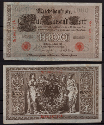 Германия 1000 марок 1910 Берлин, L; аллегорические фигуры («Мореплавание» и «Земледелие»), герб Pick 44 b бумага 7547-72-2-1