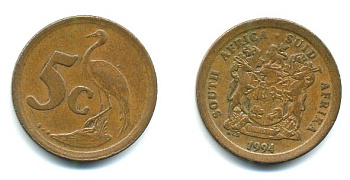 ЮАР 5 ЦЕНТОВ 1994 ГЕРБ, РАЙСКИЙ ЖУРАВЛЬ KM 134 сталь плакированная медью 23-646