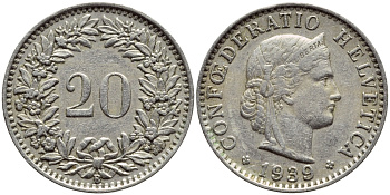 ШВЕЙЦАРИЯ 20 РАППЕНОВ 1939 B KM 29а медно-никель 4397-436