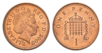 Великобритания 1 пенни 2000 Елизавета II (1952-2022) KM 986, Spink 4710 (B5) сталь плакированная медью UNC 4627-649