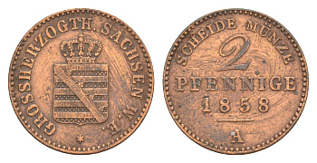 Саксен-Веймар-Эйзенах 2 пфеннига 1858 A, Карл Александр (1853-1901) KM 206 медь 4643-1051