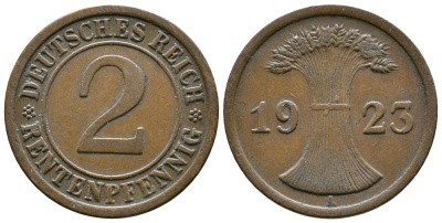 Германия 2 рентенпфеннига 1923 A KM 31, J. 307 бронза    4393-853