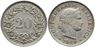 ШВЕЙЦАРИЯ 20 РАППЕНОВ 1939 B KM 29а медно-никель 4397-436