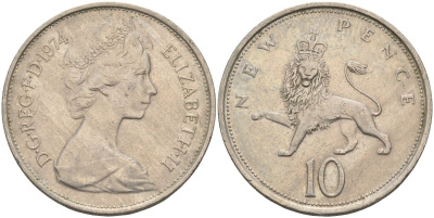 Великобритания 10 пенсов 1974 Елизавета II (1952-2022) KM 912, Spink 4231 (F1) медно-никель 4117-924