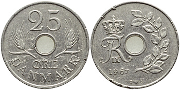 ДАНИЯ 25 ЭРЕ 1967 С; S, ФРЕДЕРИК IX (1947-1972) KM 855.1 медно-никель 4397-213