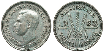 Австралия 3 пенса 1952 m, Георг VI (1937-1952), без букв KM 44 серебро 71-412