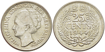 Нидерланды 25 центов 1944 Вильгельмина (1890-1948) KM 164 серебро aUNC 66-1159
