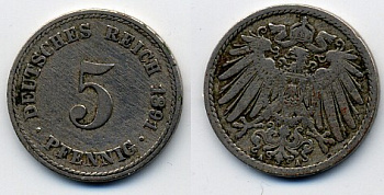 ГЕРМАНИЯ 5 ПФЕННИГОВ 1891 A, KM 11, J. 12 медно-никель 51-5212