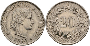 Швейцария 20 раппенов 1960 B KM 29a медно-никель 4187-547
