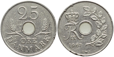Дания 25 эре 1967 С; S, Фредерик IX (1947-1972) KM 855.1 медно-никель 4397-213