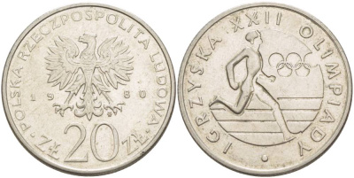Польша 20 злотых 1980 MW, XXII летние Олимпийские Игры, Москва 1980, бегун KM 108, Parchimowicz 252 медно-никель 4542-1134