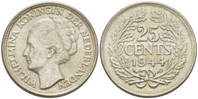 Нидерланды 25 центов 1944 Вильгельмина (1890-1948) KM 164 серебро aUNC 66-1159