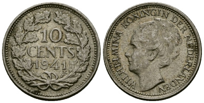 Нидерланды 10 центов 1941 Вильгельмина I (1890-1948) КМ 163 серебро 4582-1123