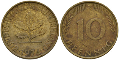 ФРГ 10 пфеннигов 1974 J J. 383, KM 108 сталь плакированная латунью    4603-423