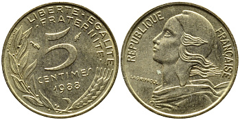 ФРАНЦИЯ 5 САНТИМОВ 1988 ТИП MARIANNE KM 933 медь алюминий никель 4392-458