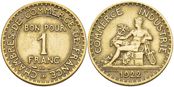 ФРАНЦИЯ 1 ФРАНК 1922 CHAMBRES DE COMMERCE KM 876, LE FRANC 218.4 алюминиевая бронза 4551-632