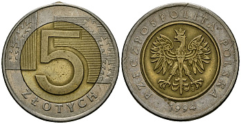 Польша 5 злотых 1994 MW KM 284 биметалл 4138-456