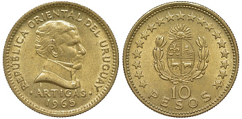 Уругвай 10 песо 1965 KM 48 алюминиевая бронза 69-324