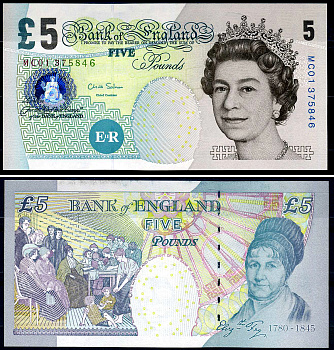 Великобритания 5 фунтов 2002 Елизавета II (1952-2022), Элизабет Фрай, подпись C. Salmon Pick 391 d  бумага  UNC (пресс) 7217-73-2-2