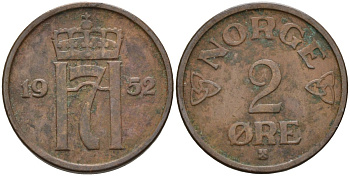 Норвегия 2 эре 1952 Хокон VII (1905-1957) KM 371 бронза 4591-936