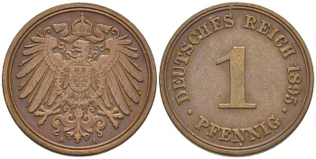 ГЕРМАНИЯ 1 ПФЕННИГ 1895 A KM 10, J. 10, Weege 2 медь 211-211