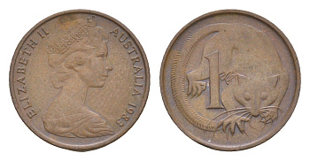 Австралия 1 цент 1983 Елизавета II (1952-2022), молодой портрет, опоссум KM 62 бронза 4655-1224