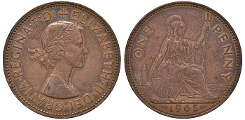 Великобритания 1 пенни 1965 Елизавета II (1952-2022) КМ 897, Spink 4157 бронза 4131-513