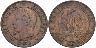 Франция 5 сантимов 1855 BB, Наполеон III (1852-1870) KM 777.3, Le Franc 116.24 бронза 4584-344