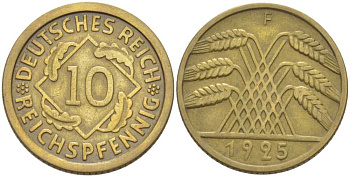 ГЕРМАНИЯ 10 РЕЙХСПФЕННИГОВ 1925 F KM 40, J. 317, Weege 9 алюминиевая бронза 210-347