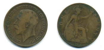 Великобритания 1 пенни 1917 Георг V (1910-1936) КМ 810, Spink 4051 бронза 4110-145