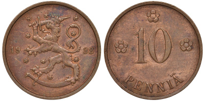 Финляндия 10 пенни 1938 KM 24 медь 51-3017