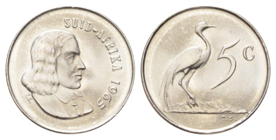 ЮАР 5 центов 1965 Ян ван Рибек (1619-1677), Suid Africa, легенда на африкаанс, райский журавль KM 67.2 медно-никель UNC 4696-951