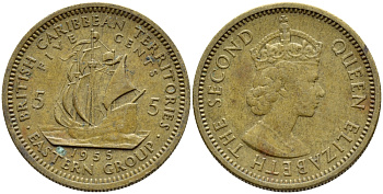 Британские Восточно-Карибские территории 5 центов 1955 Елизавета II (1952-2022), парусник KM 4 никель латунь 4388-1156