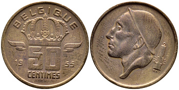 БЕЛЬГИЯ 50 САНТИМОВ 1955 BELGIQUE KM 144 бронза 4392-815