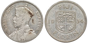 Фиджи 1 флорин 1934 Георг V (1910-1936), герб Фиджи KM 5 серебро 91-1246