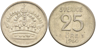 Швеция 25 эре 1960 Густав VI Адольф (1950-1973) KM 824 серебро 4585-462